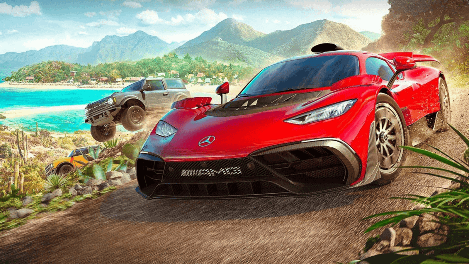 Forza Horizon 5 racing across a sunlit landscape
