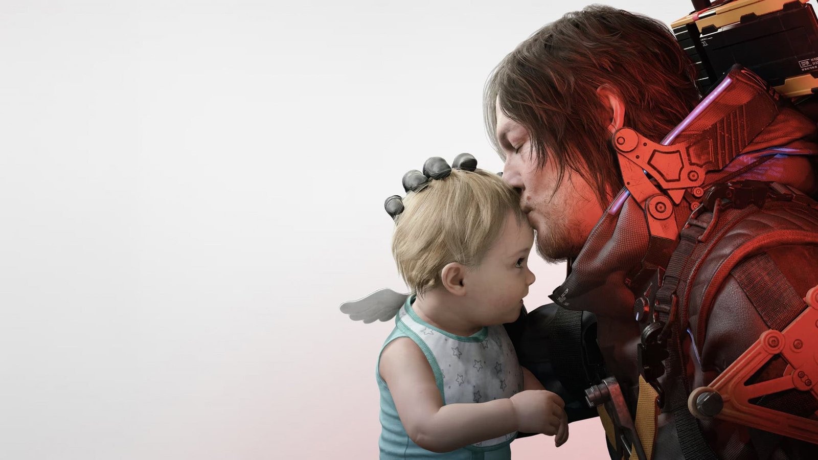 Character kissing a baby on the forehead in Death Stranding 2
