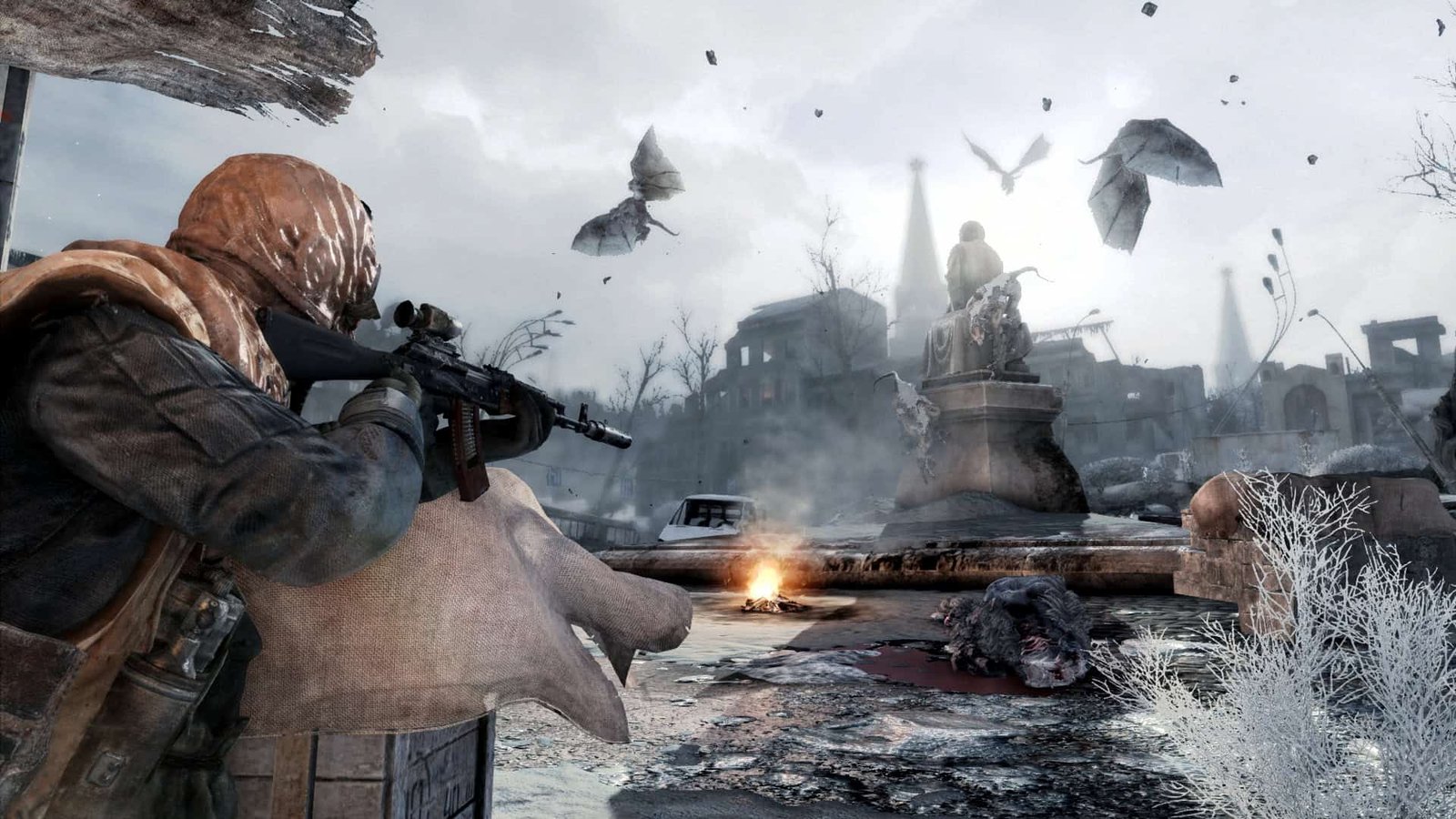 Metro 2033 Redux promotional image of a gas mask in a ruined subway