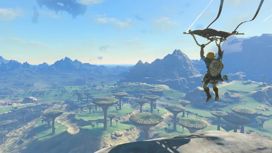 Link gliding on a paraglider in Tears of the Kingdom