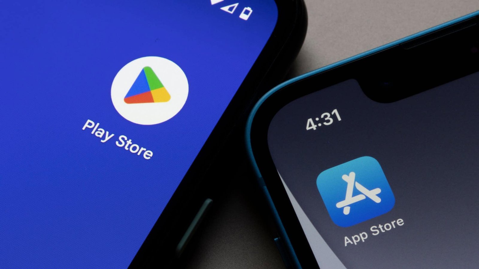 App Store and Google Play icons side by side on mobile phones