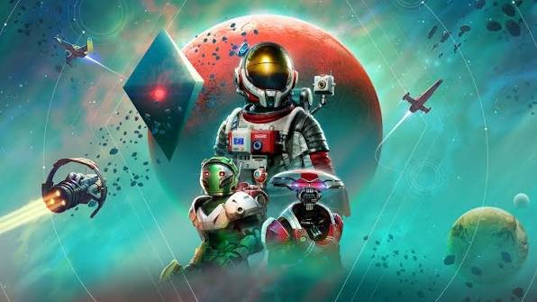 No Man’s Sky spaceship flying over a colorful planet