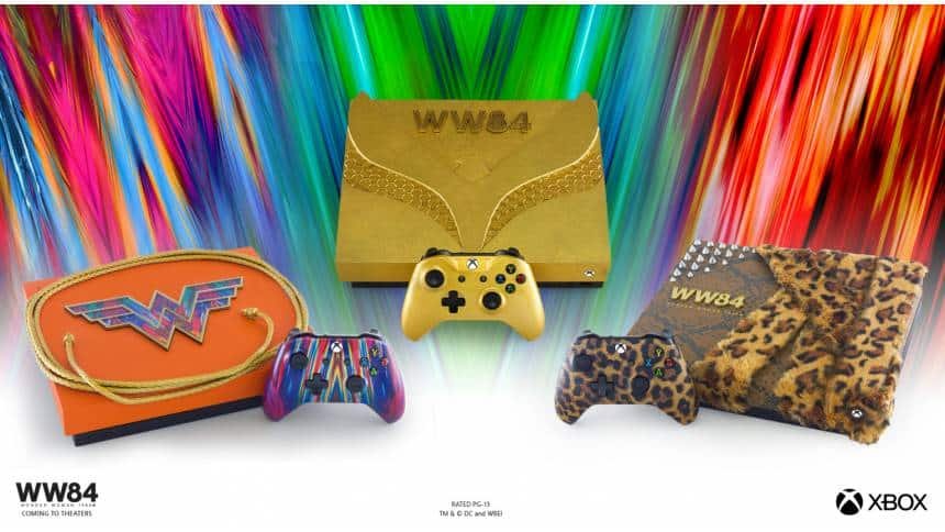 Three custom Wonder Woman 1984 Xbox One X consoles on display