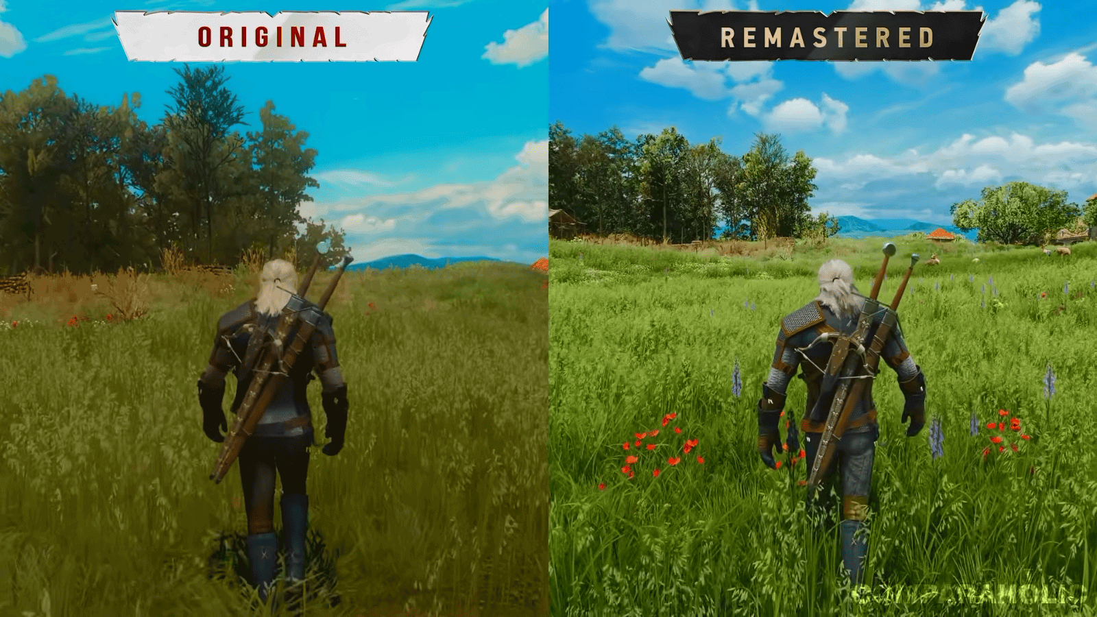 Geralt in an updated, more realistic-lit Velen environment