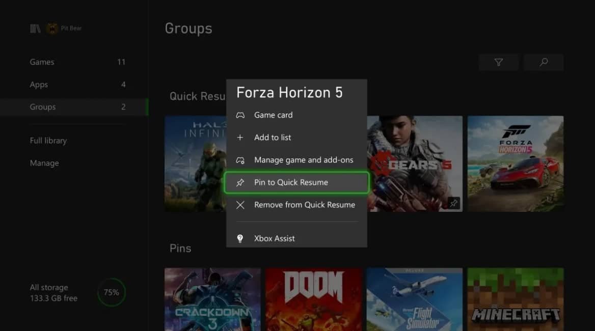 Xbox console controller and UI highlighting Quick Resume