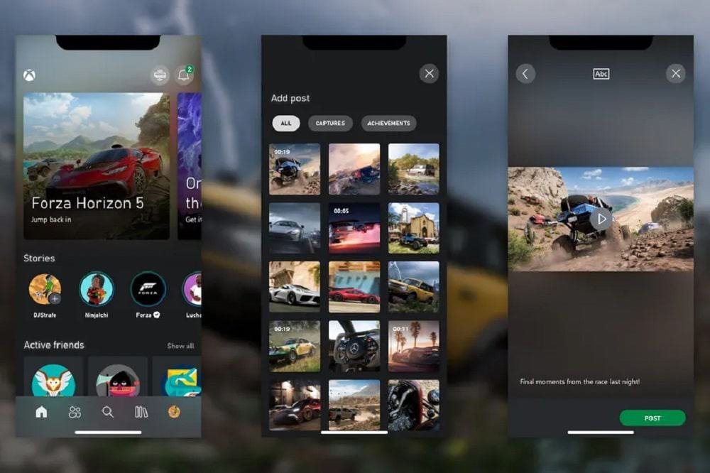 Xbox controller and app interface showing a story-like post
