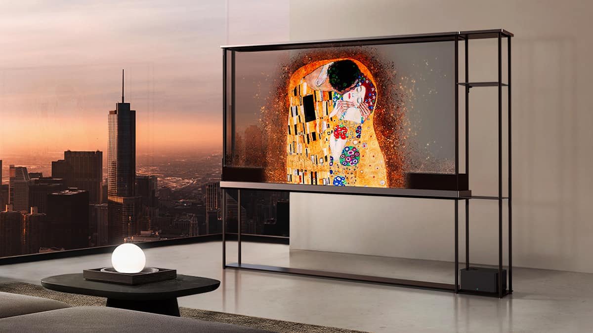LG Signature OLED T transparent TV displayed in room