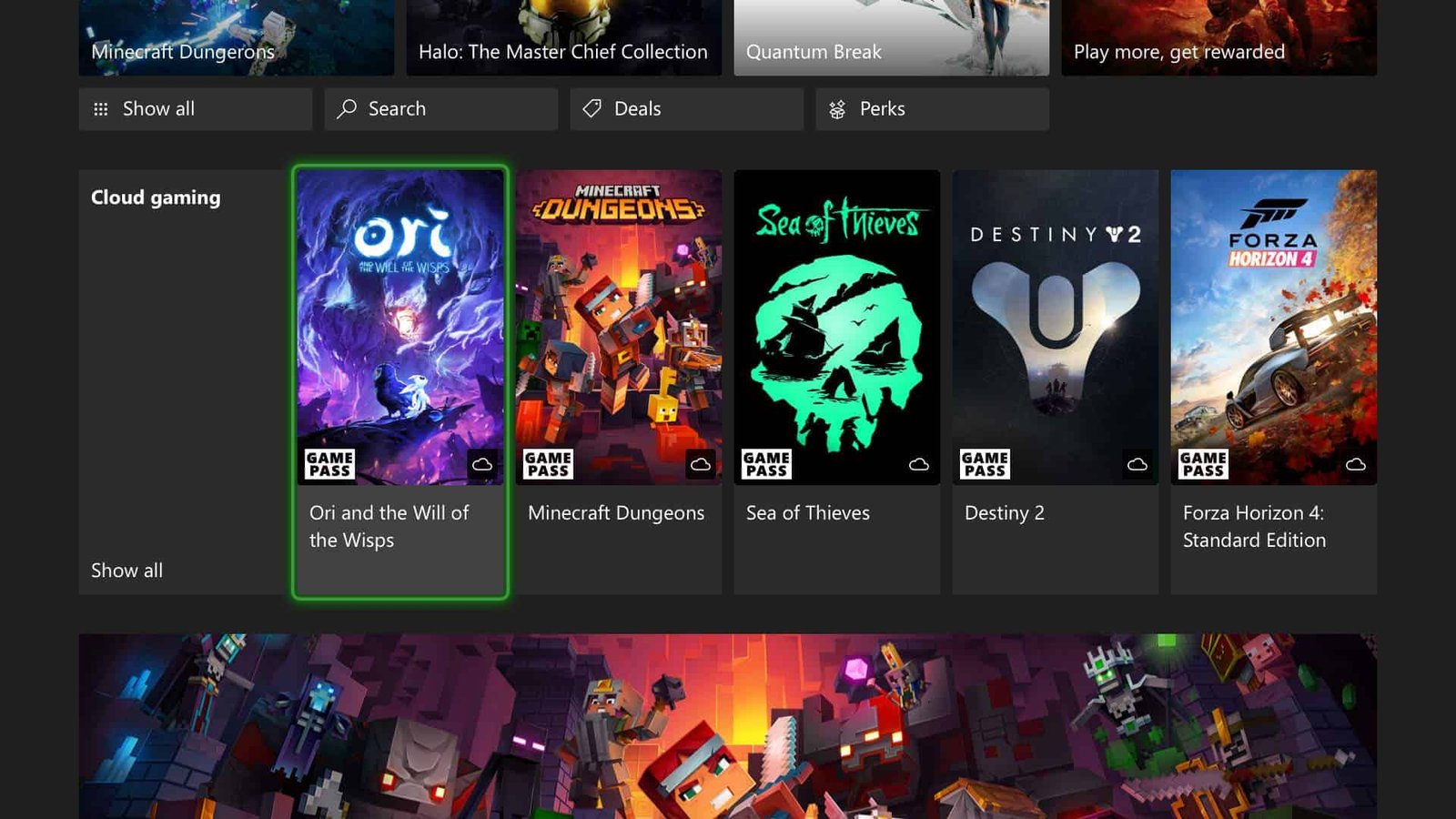 Xbox dashboard showing cloud-enabled games