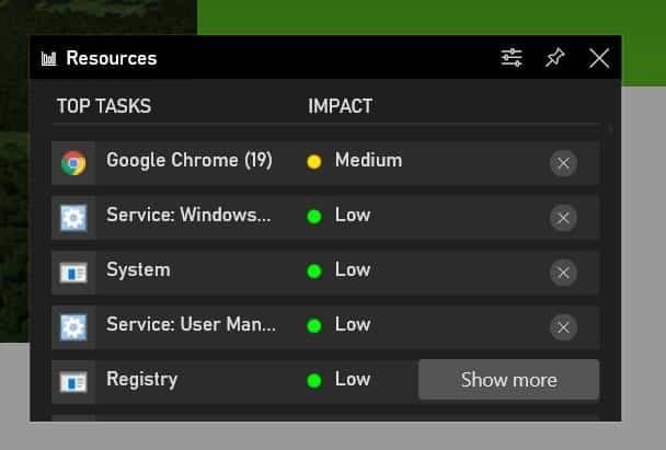 Xbox Game Bar showing tasks sorted by resource usage