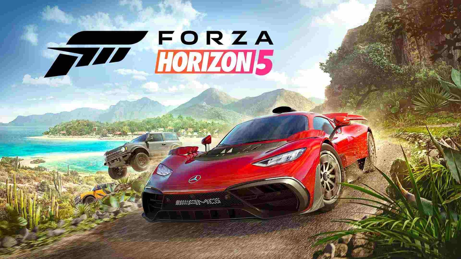 Forza Horizon 5 cars racing through a vibrant Mexican landscape