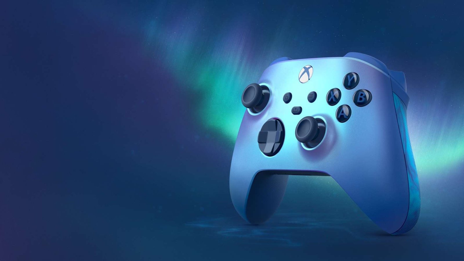 Blue Xbox controller on a plain background
