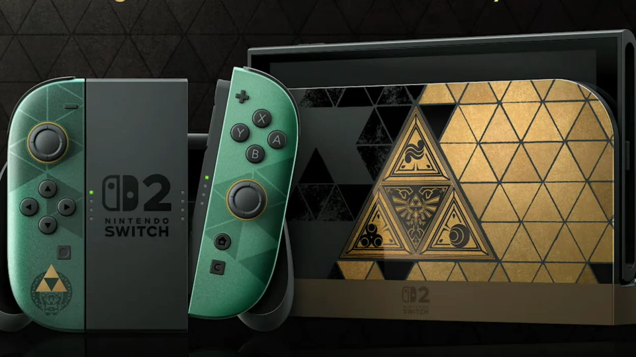 Zelda-themed Switch 2 console photographed on display